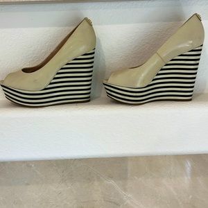 Michael Kors Blue and tan striped wedges! Size 7